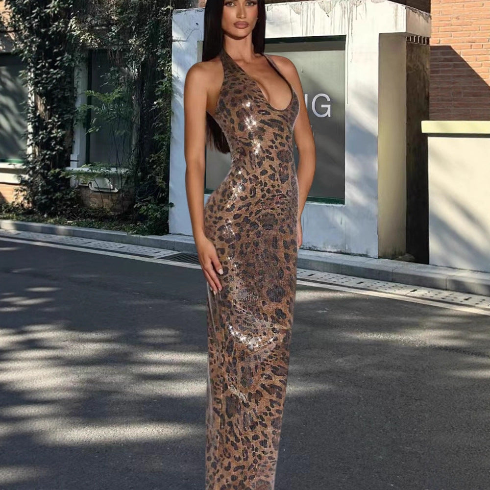 Leopard-print Halter Sequin Sleeveless Bodycon Dress