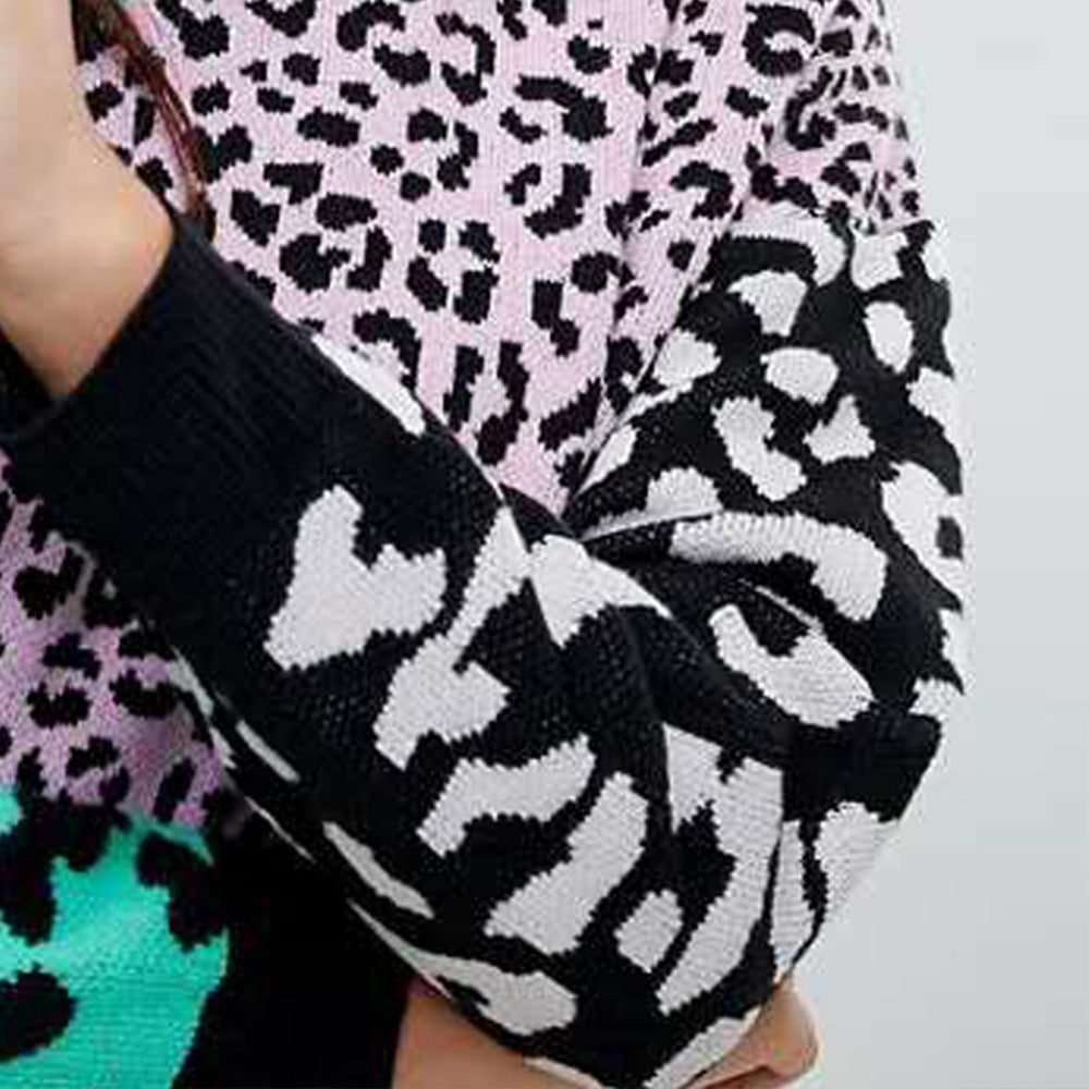 New Popular Fashion Leopard Print Spliced Knit Sweater - Contrasting Cuff Design, Soft And Warm Winter Women's Clothing