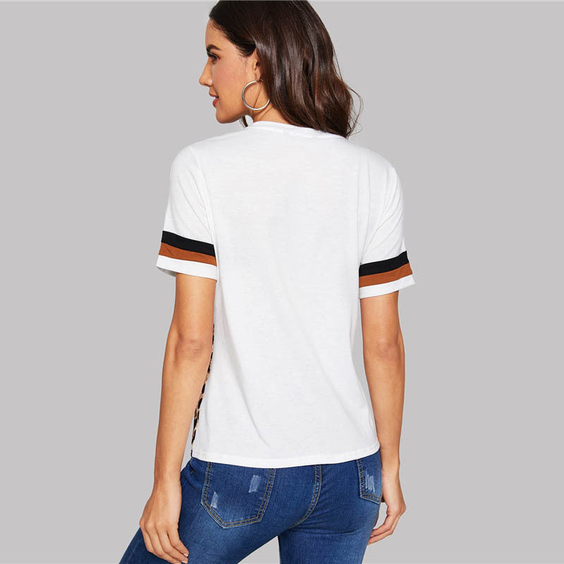 Weiße Farbe Block Cut-and-Sew Leopard Panel Top Kurzarm O-Ausschnitt Casual T Shirt Frauen Sommer Freizeit Tshirt Tops