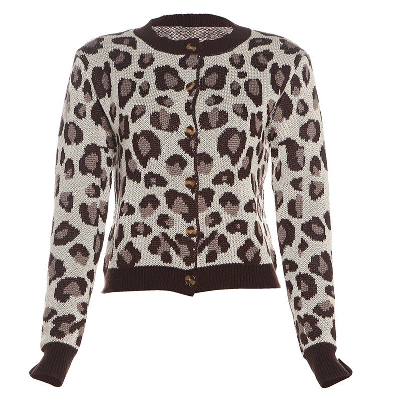 Design Leopard Print Long Sleeve Knitted Cardigan Top