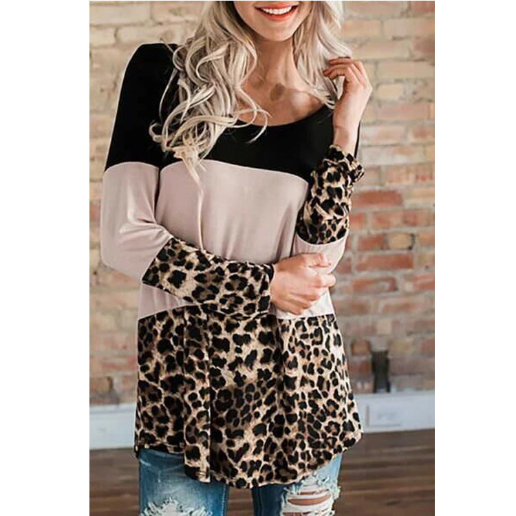 Ladies pullover leopard print stitching round neck long sleeve T-shirt