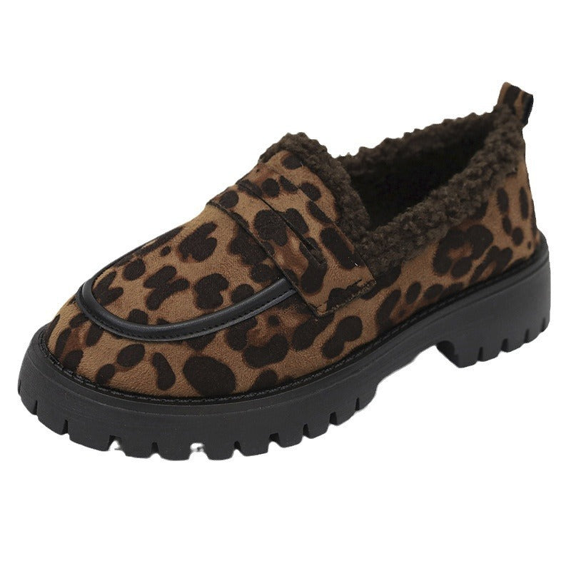 Plus Size Fleece Lined Loafers Leopard Print British Style