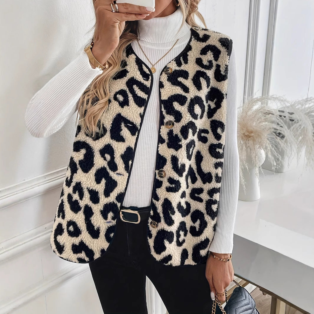 New Leopard Print Front Button Plush Fashion Vest Jacket