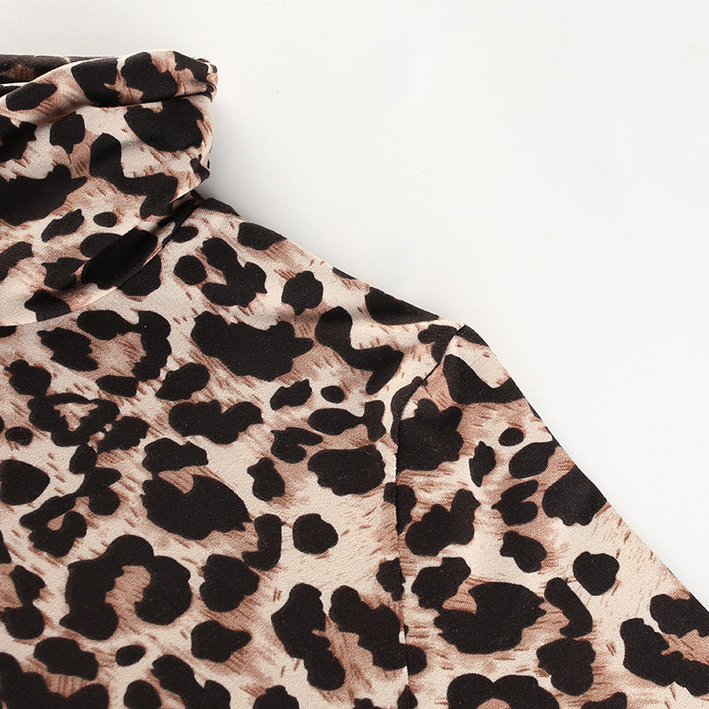 Sexy high collar leopard jumpsuit long-sleeved T-shirt female corset