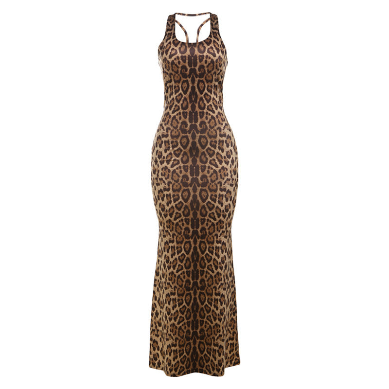 Herbst Neu Leopard Print Ärmelloses Kleid