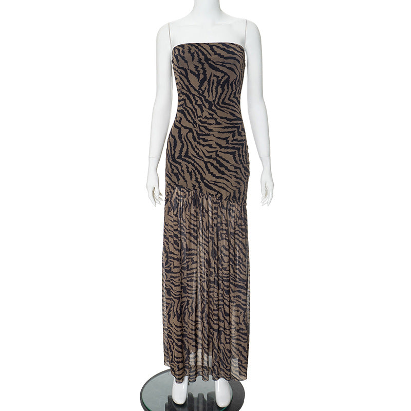 ube Top Leopard Print Split Mesh Stitching Dress for Her