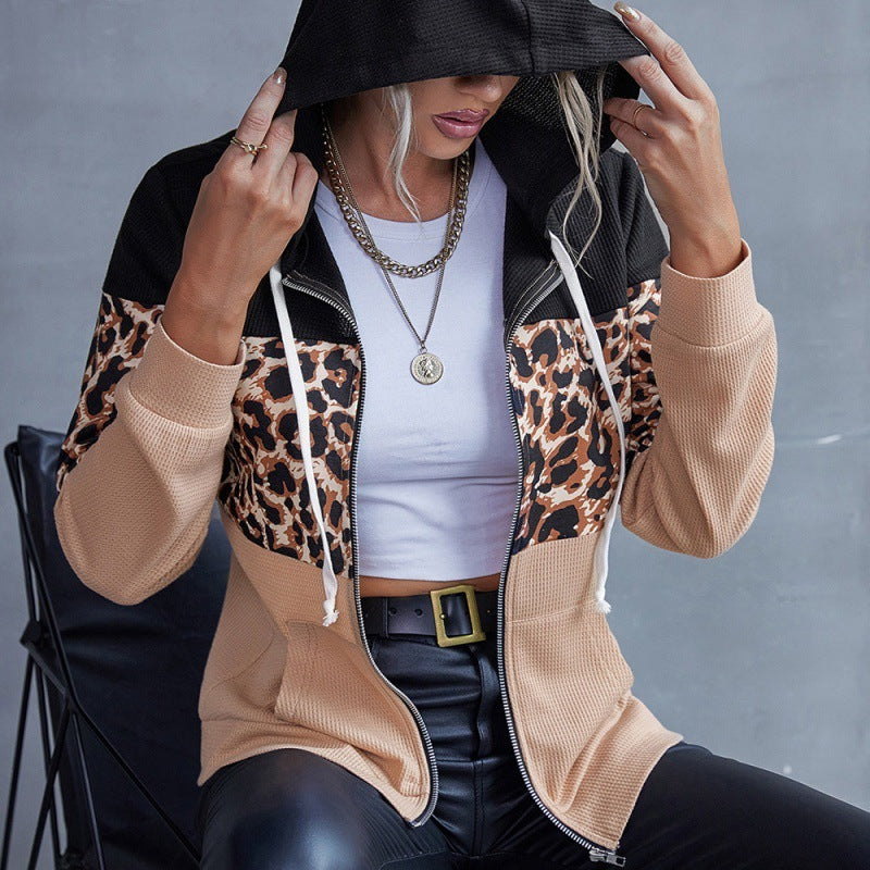 Leopard Panel Zip Sweatshirt Hooded Jacket