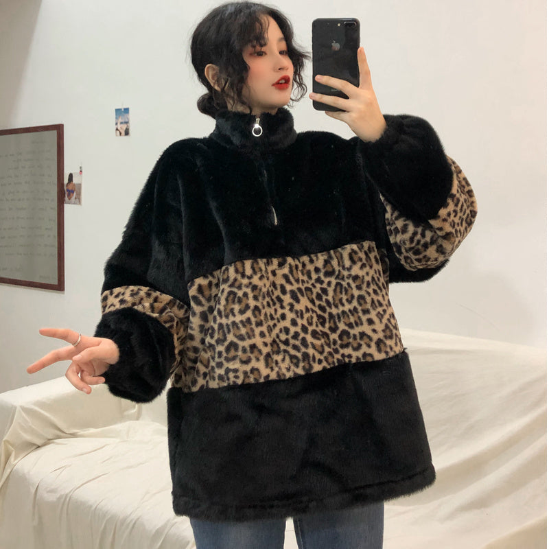 Leopard-patterned turtleneck zip warm sweatshirt