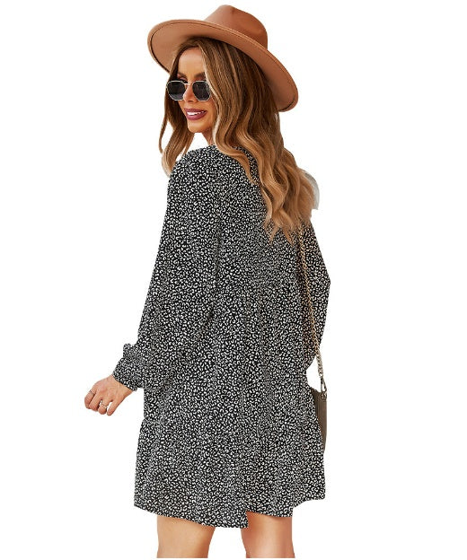 Autumn And Winter New Women's Dress Leopard Print Long Sleeve Sexy Loose A- Line Skirt