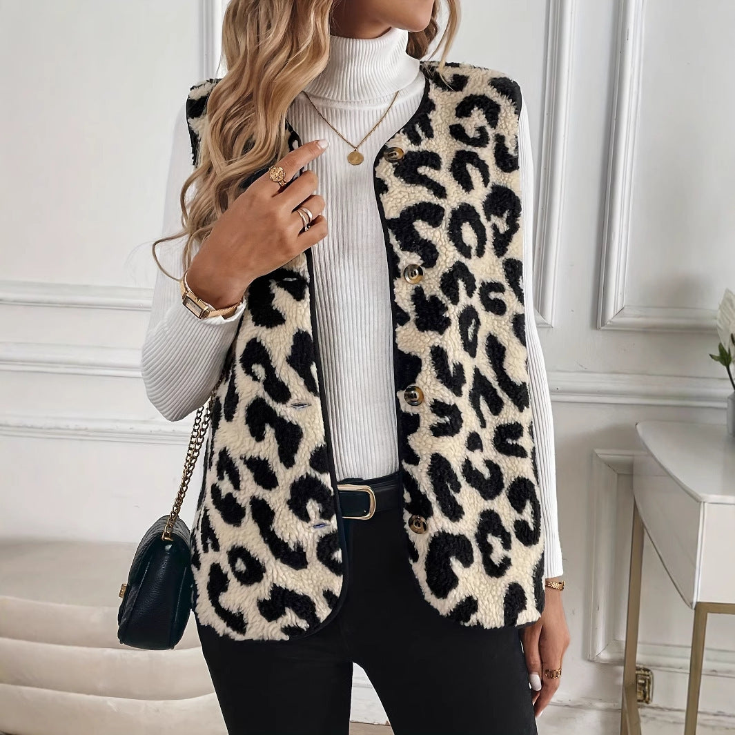New Leopard Print Front Button Plush Fashion Vest Jacket