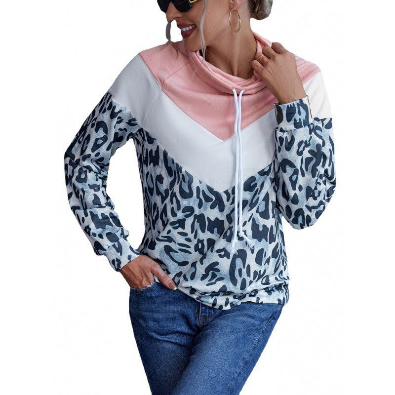 Leopard Print Contrast Stitching Pullover Hoodie