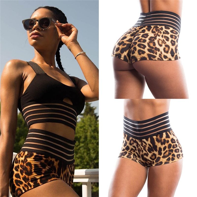 Leopard print stitching striped sport shorts