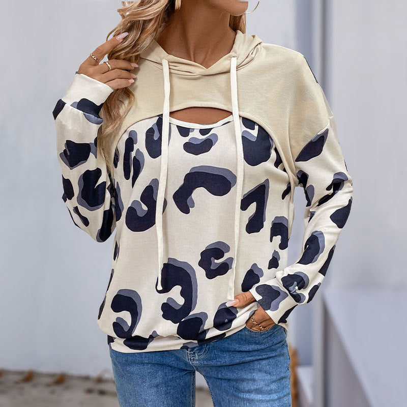 Simple Style Loose Leopard Print Stitching Fake Two-piece Hollow Hooded Sweater For Women