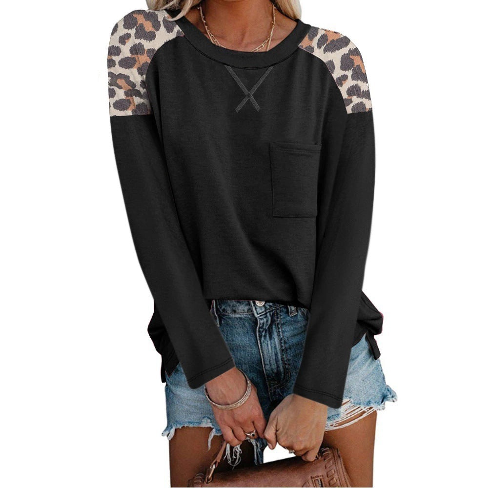Autumn And Winter New Round Neck Leopard Print Stitching Pocket T-shirt Long Sleeves