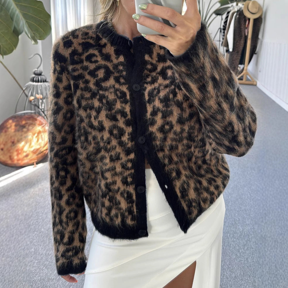 Women's Fashion Lazy Round Neck Leopard-print Sweater