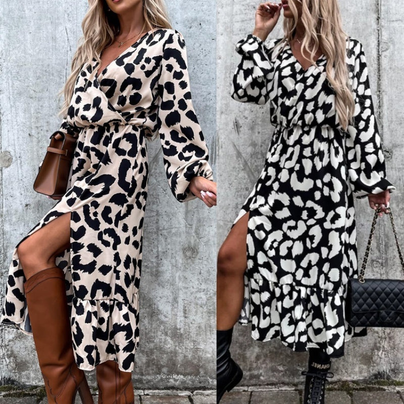 Frauensaison Leopardenmuster Langärmeliges Kleid mit Schlitz