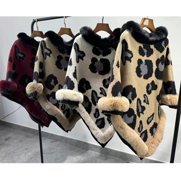 Leopard Print Plus Size Pullover Cloak Big Fur Collar Irregular Mid-length Cloak