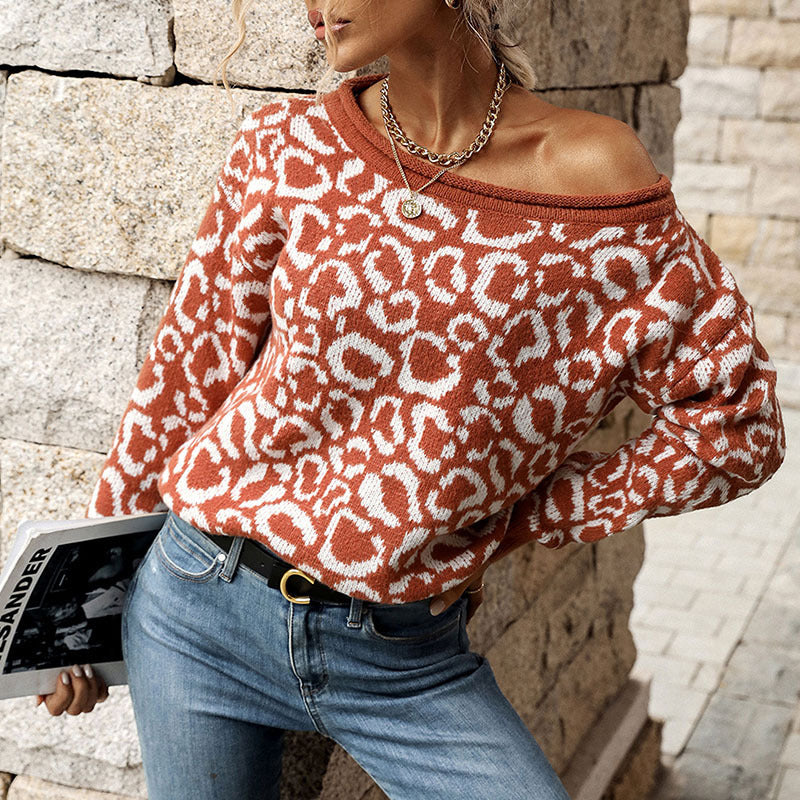 Women's Casual Fashion Jacquard Long Sleeve Leopard Sweater