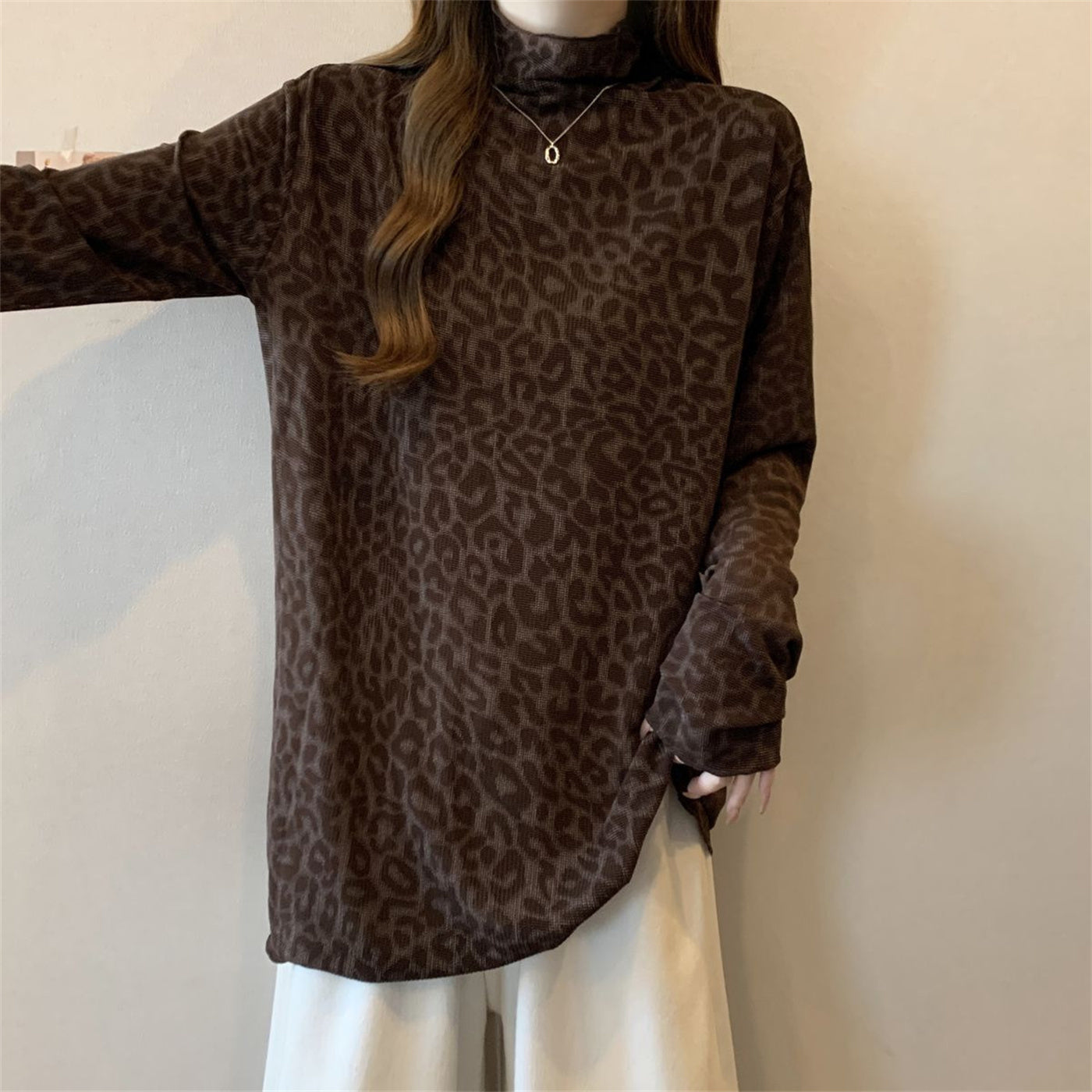 Leopard Print Semi-high Collar Long Sleeve