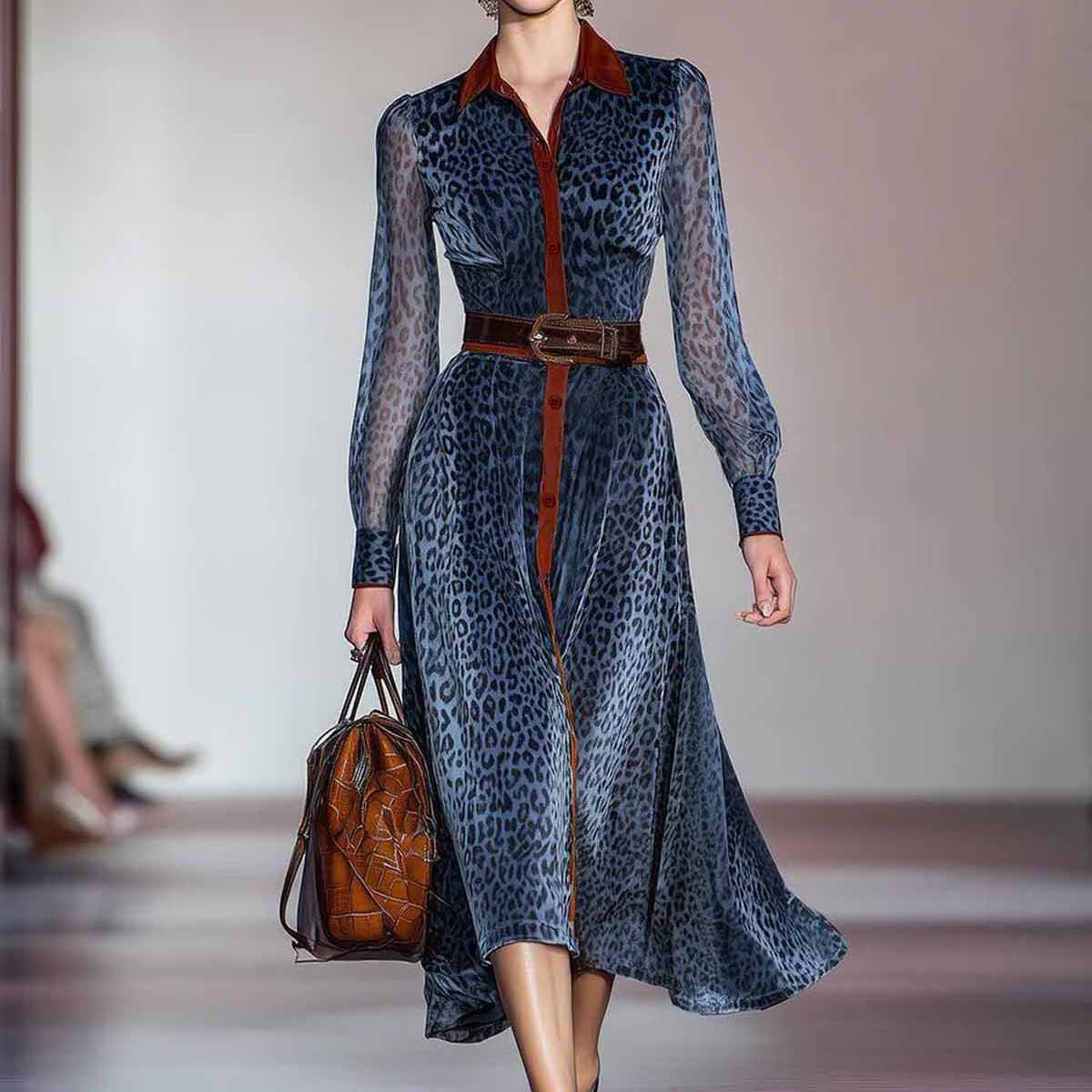 Long Sleeve Leopard Print Belt Dress