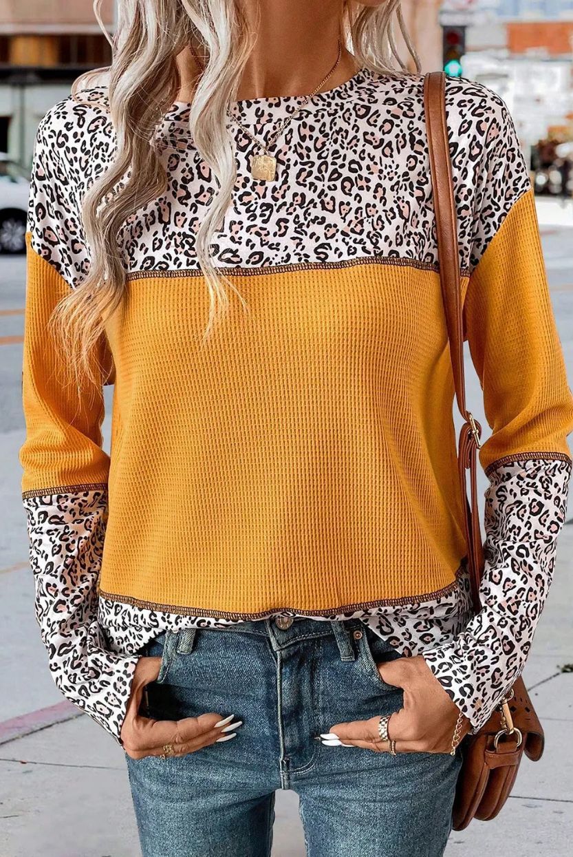 European And American Pullover Round Neck Leopard Splicing Waffle Sweater
