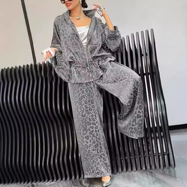 European And American Lapel Waist Drawstring Long Sleeve Leopard Print Casual Suit