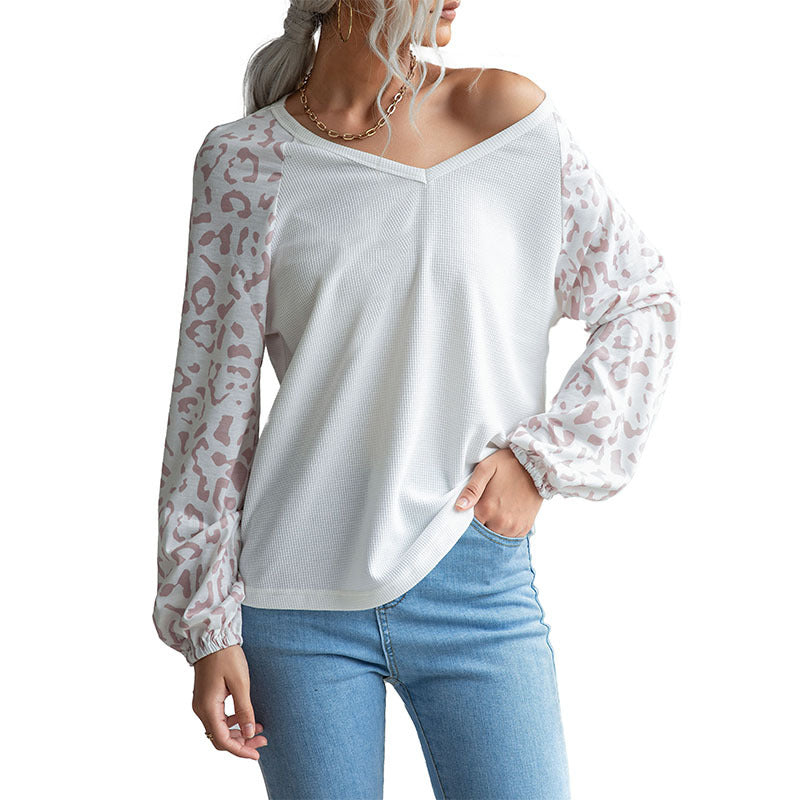 Women's Waffle Panel Basement Leopard V-Neck Knit Sweater