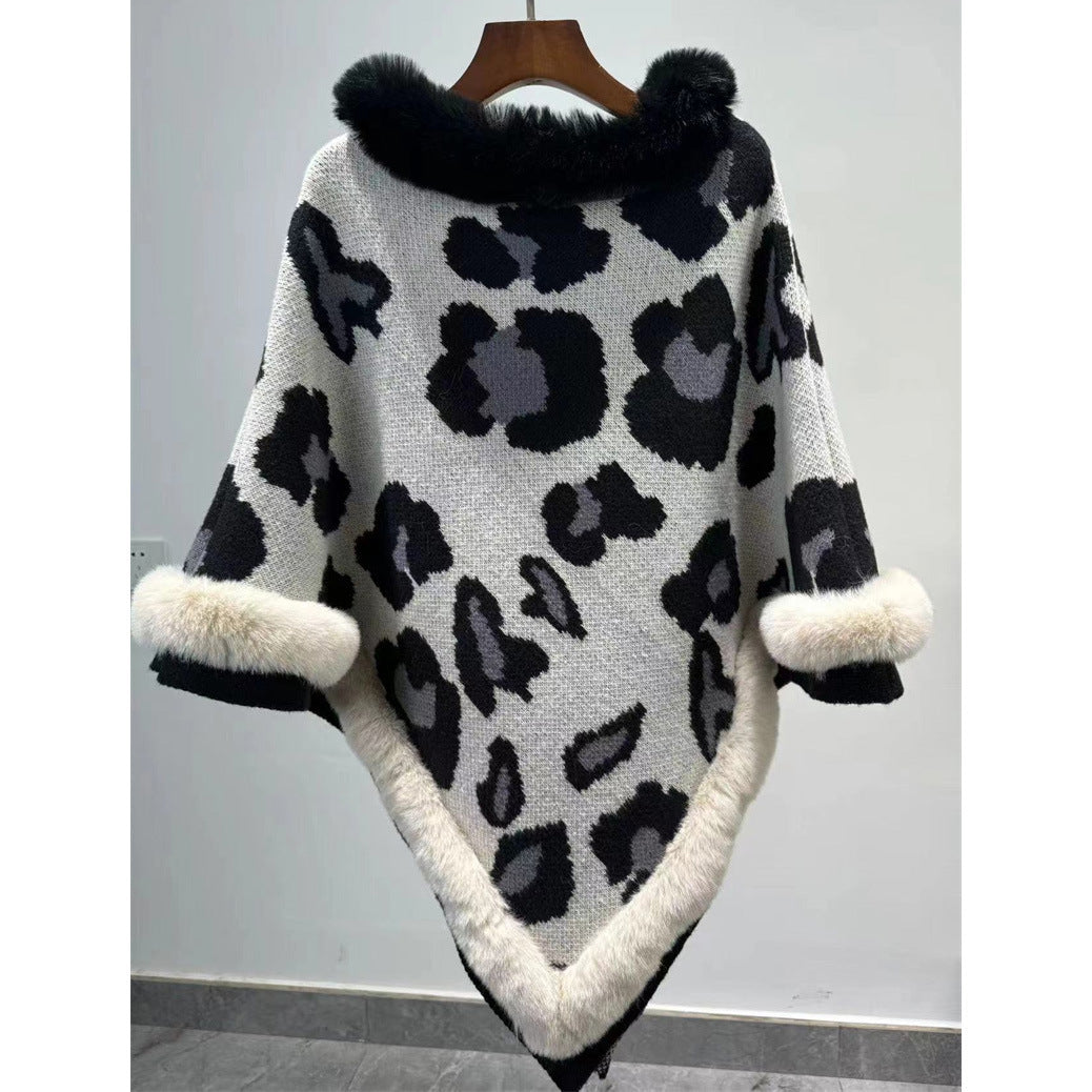 Leopard Print Plus Size Pullover Cloak Big Fur Collar Irregular Mid-length Cloak