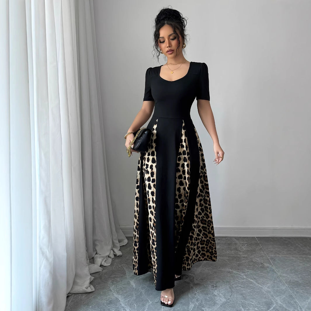 Women's Leopard-print Contrast-color Night Black Dress