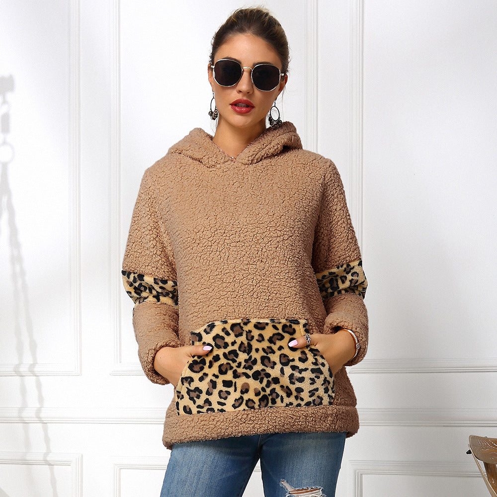 Women's Double-sided Fleece Hooded Leopard Print Stitching Sweater