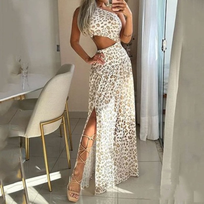 Herbst Frauen ärmelloses Leopard Print Split Sling Kleid