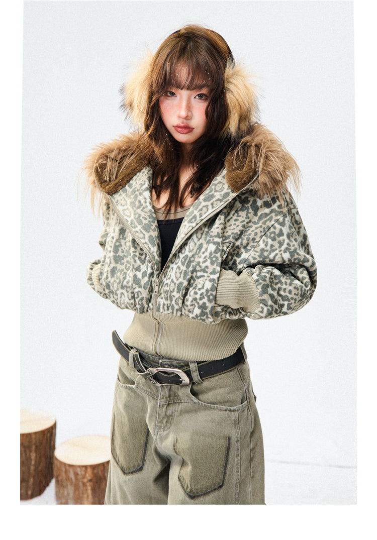 Thickened Slim-fit Short American-style Leopard Print Cotton Jacket
