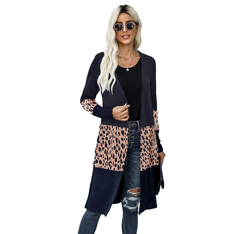 Scarf Collar Leopard Print Stitching Loose Knit Sweater Women's Jacket