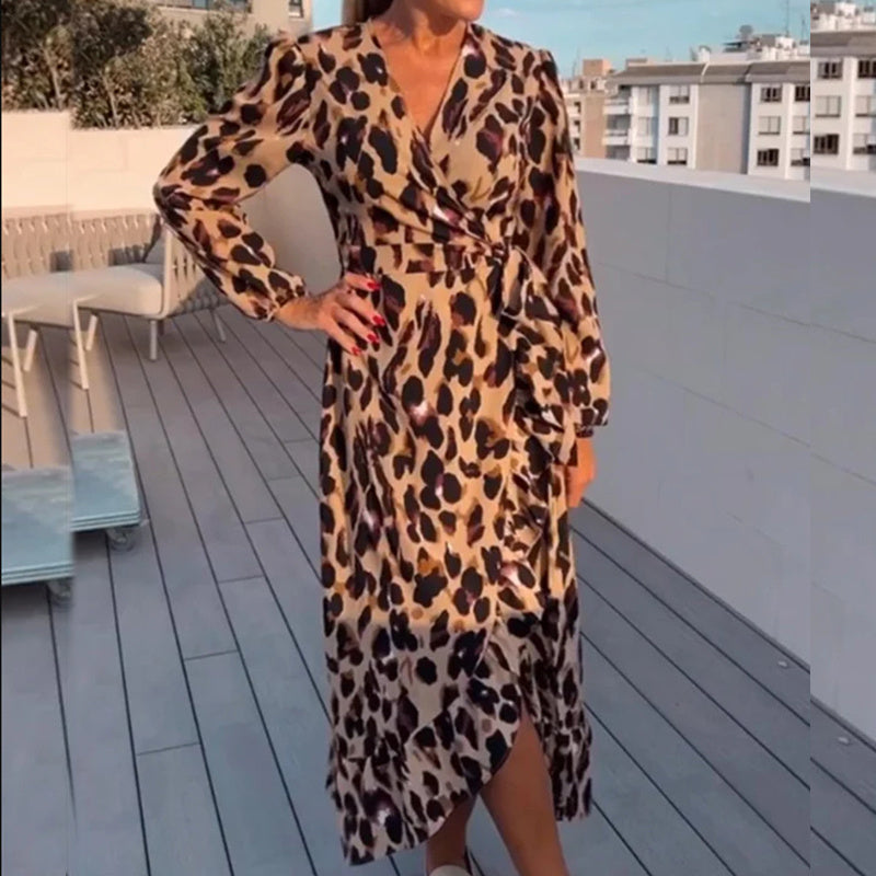 Autumn European And American Sexy V-neck Leopard Print Long Sleeve Dress
