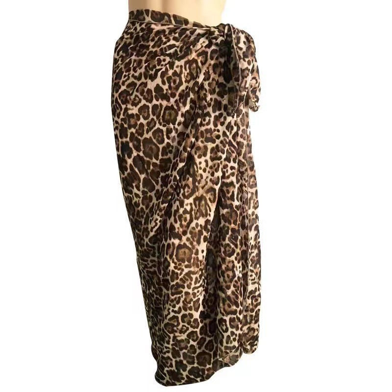 Women's Leopard Sarong Swimsuit Blouse Chiffon Long Bikini