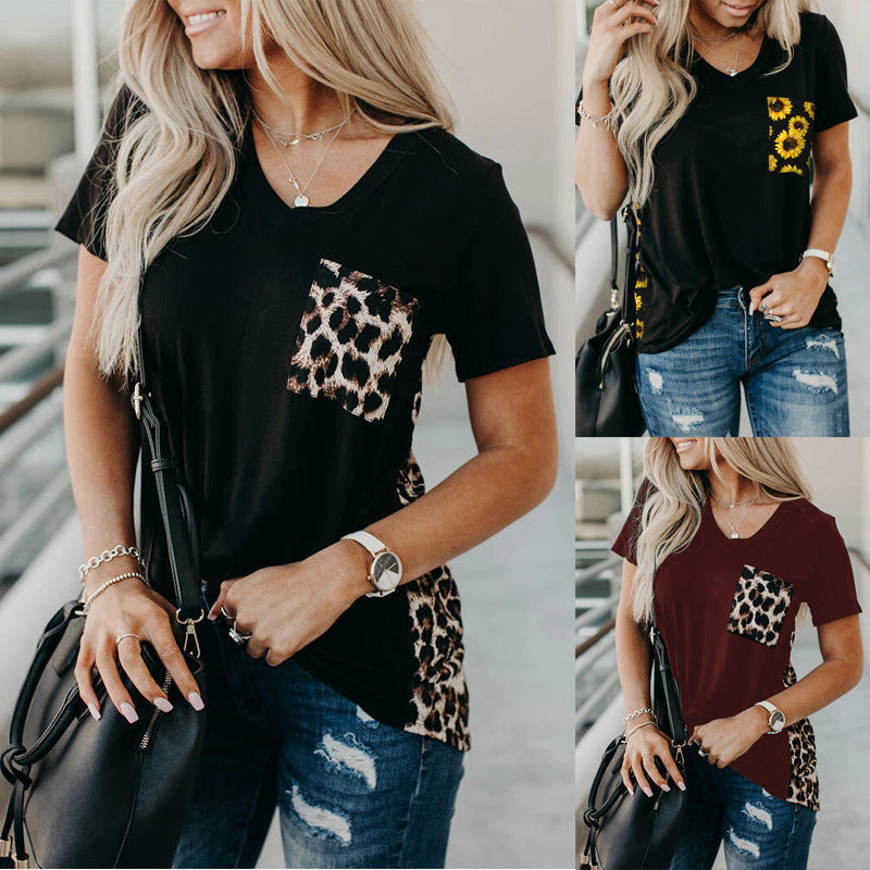 Leopard print contrast short sleeves