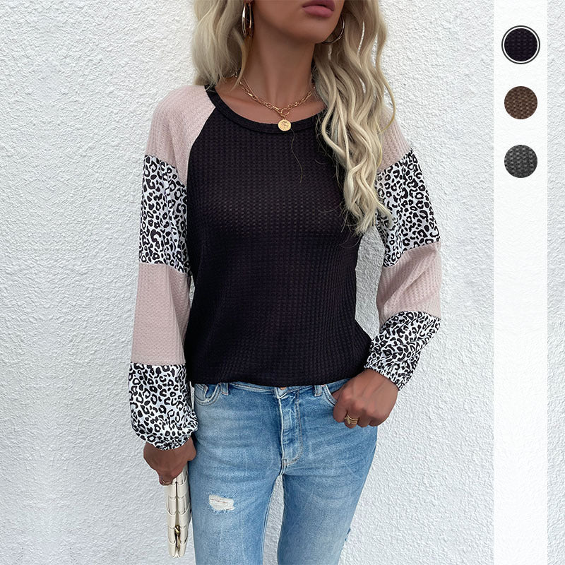 Autumn New Middle East Style Long Sleeve Waffle Top Stitching Leopard Print Knitwear