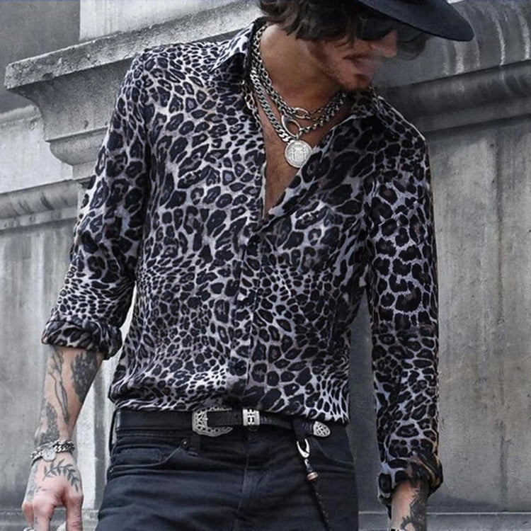 Herrenhemd Leopardendruck Langarmhemd