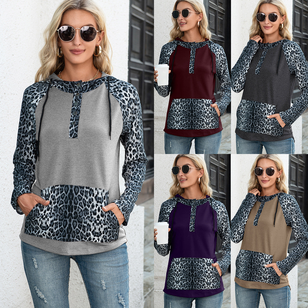 Leopard Print Patchwork Contrast Color Hooded Long Sleeve Sweater Top Women