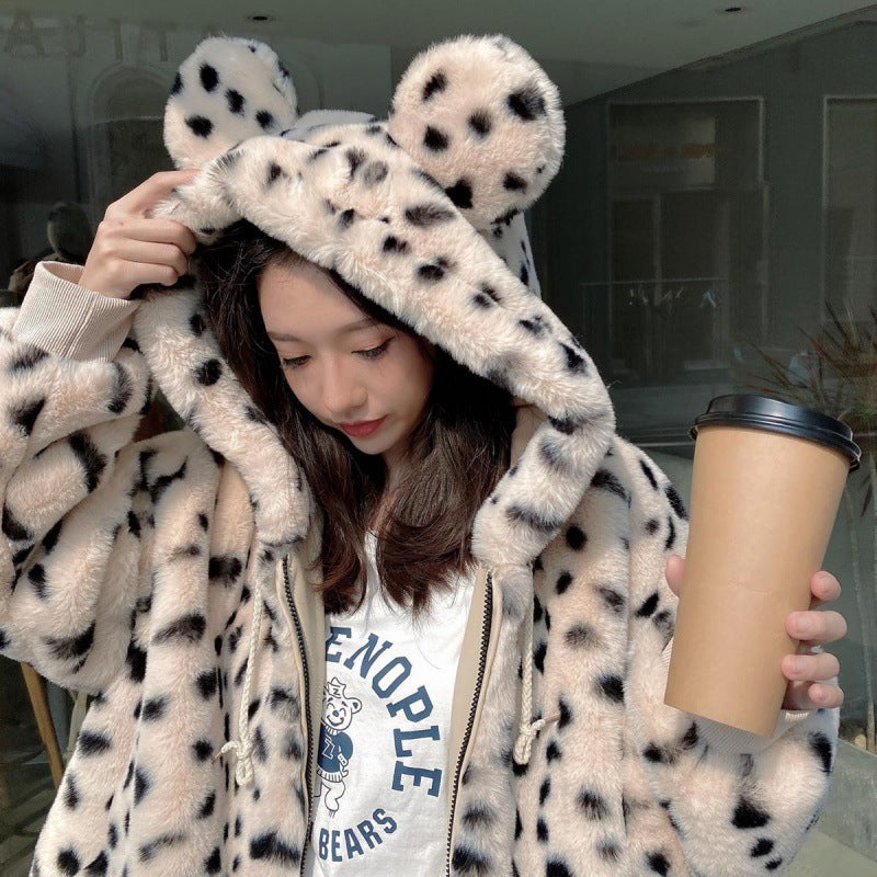 Leopard Print Leather Jacket Imitated Lamb Hair Short