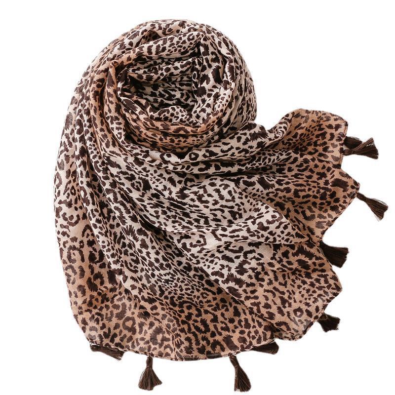 Mode große Leopard-Druck Persönlichkeit Voile Seidenschal Kaffee Farbe Farbverlauf handgefertigte Quaste Sun-proof