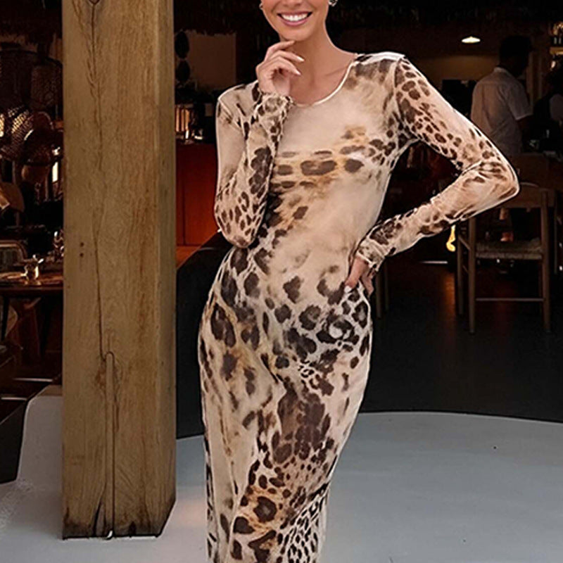 Fashionable Vintage-style Sexy Figure-hugging Leopard-print Dress