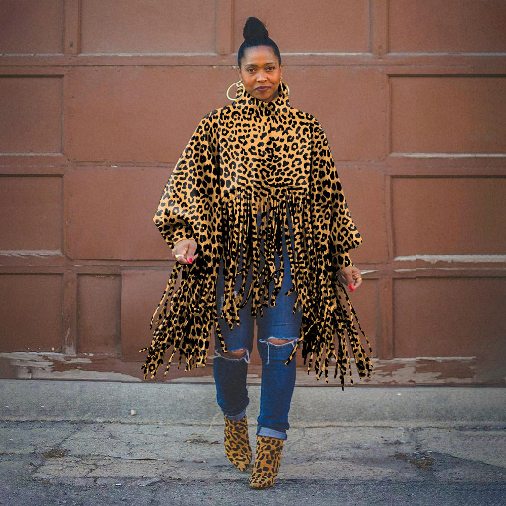 European And American Fashion Leopard Print Long Sleeve Tassel Top Urban Style
