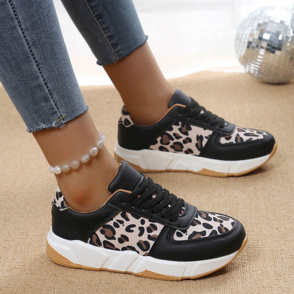 Leopard Print Casual Flache Schnürsenkel Sport Freizeitschuhe