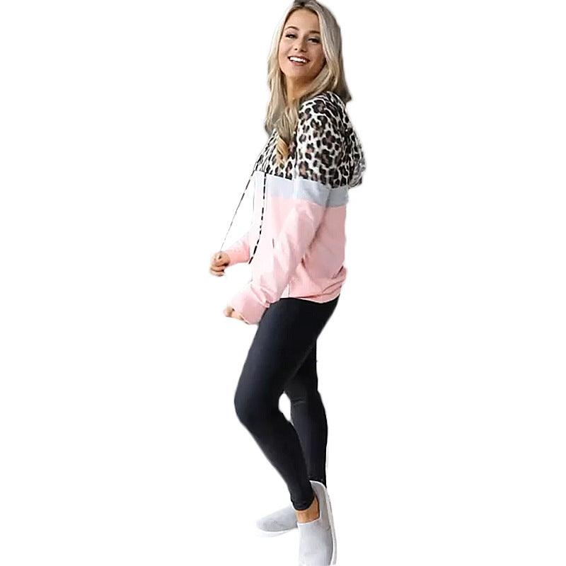 Leopard Print Long-Sleeved Hooded Stitching Padded Sweater