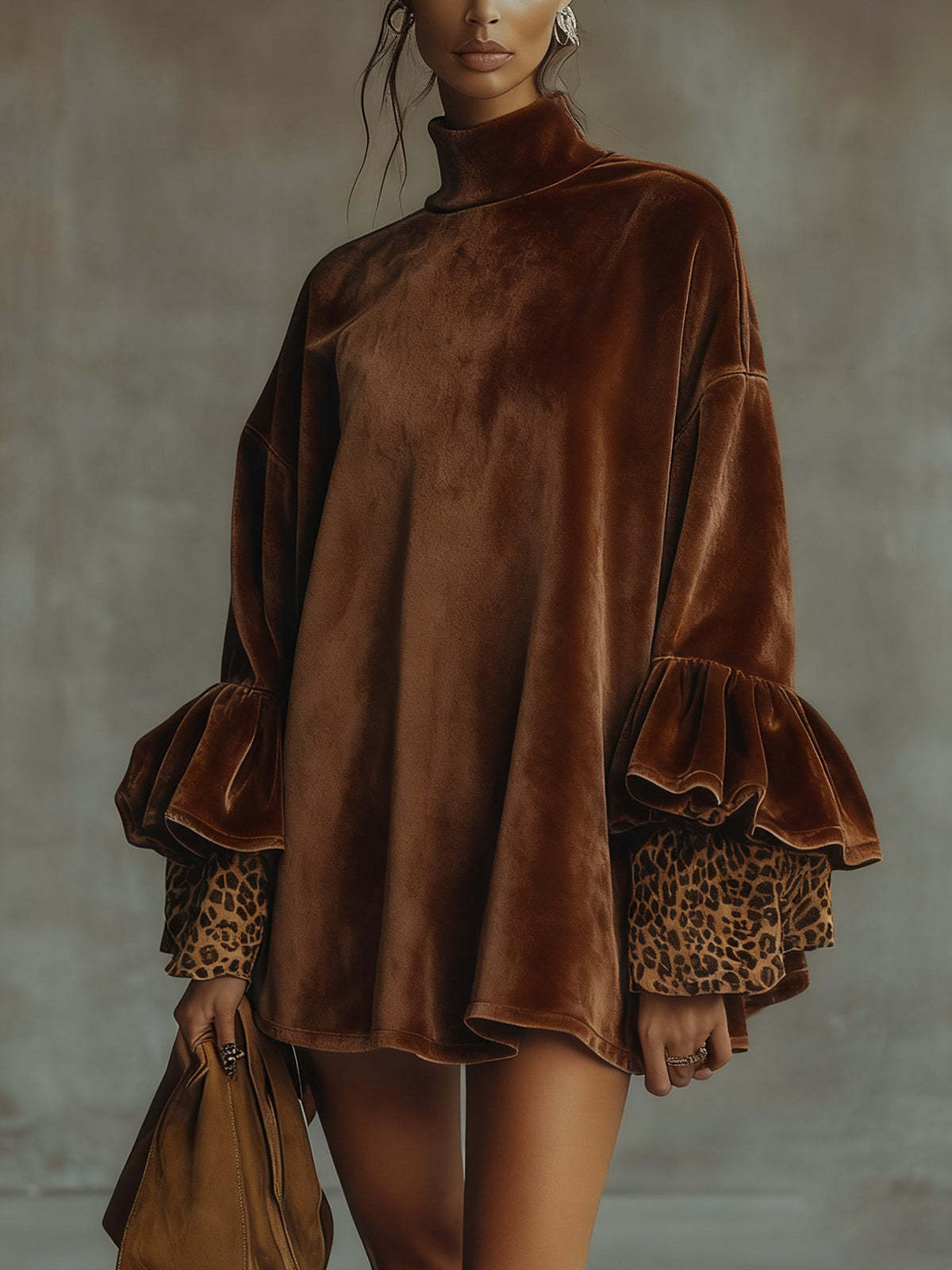 Autumn And Winter New Gold Velvet With Leopard Print Turtleneck Dress