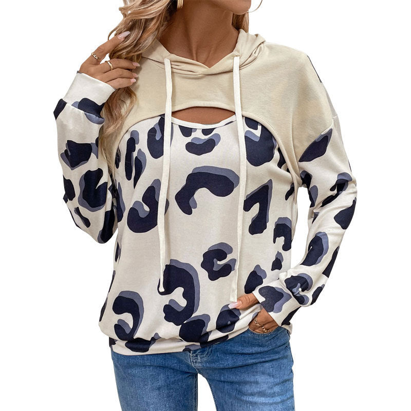 Simple Style Loose Leopard Print Stitching Fake Two-piece Hollow Hooded Sweater For Women