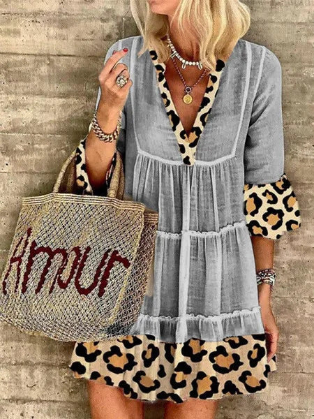 New Style Ladies Fashion Leopard Stitching Cotton And Linen Dress In Europe And America