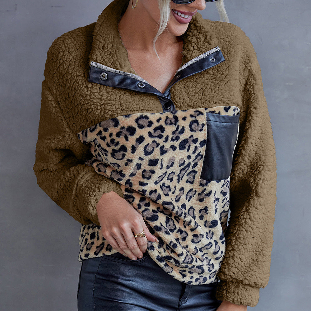 Plush Leopard Print Color Block Casual Sweater Lamb Wool