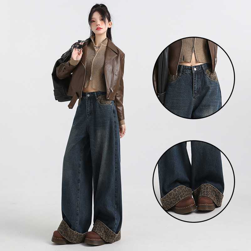 Leopard-print Curling Niche Design Stitching Jeans